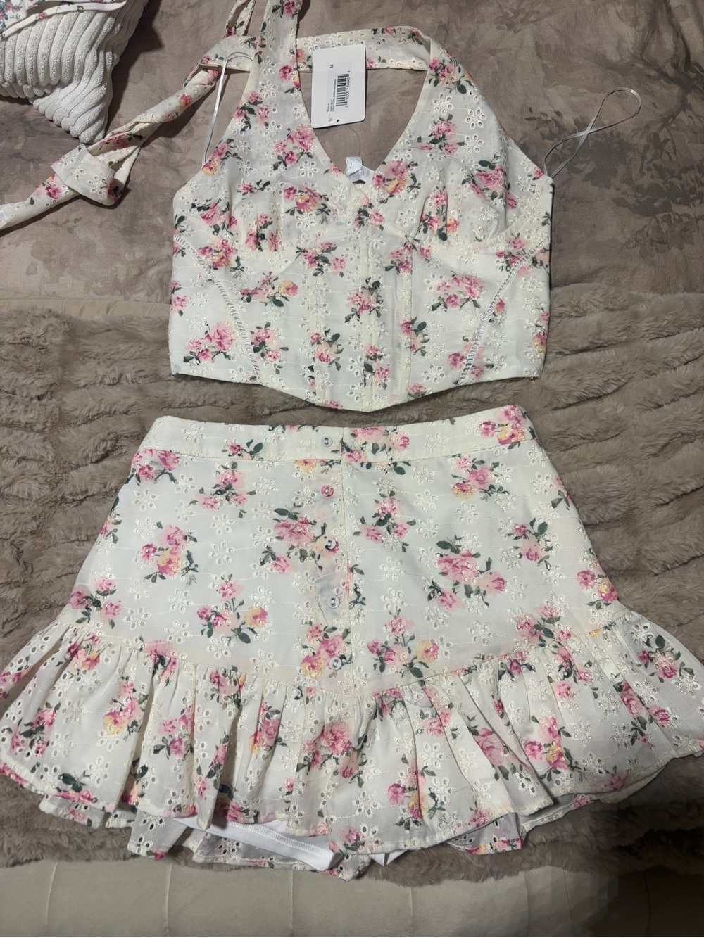 Floral Eyelet Two-Piece Halter Crop Top & Ruffle Skirt Set